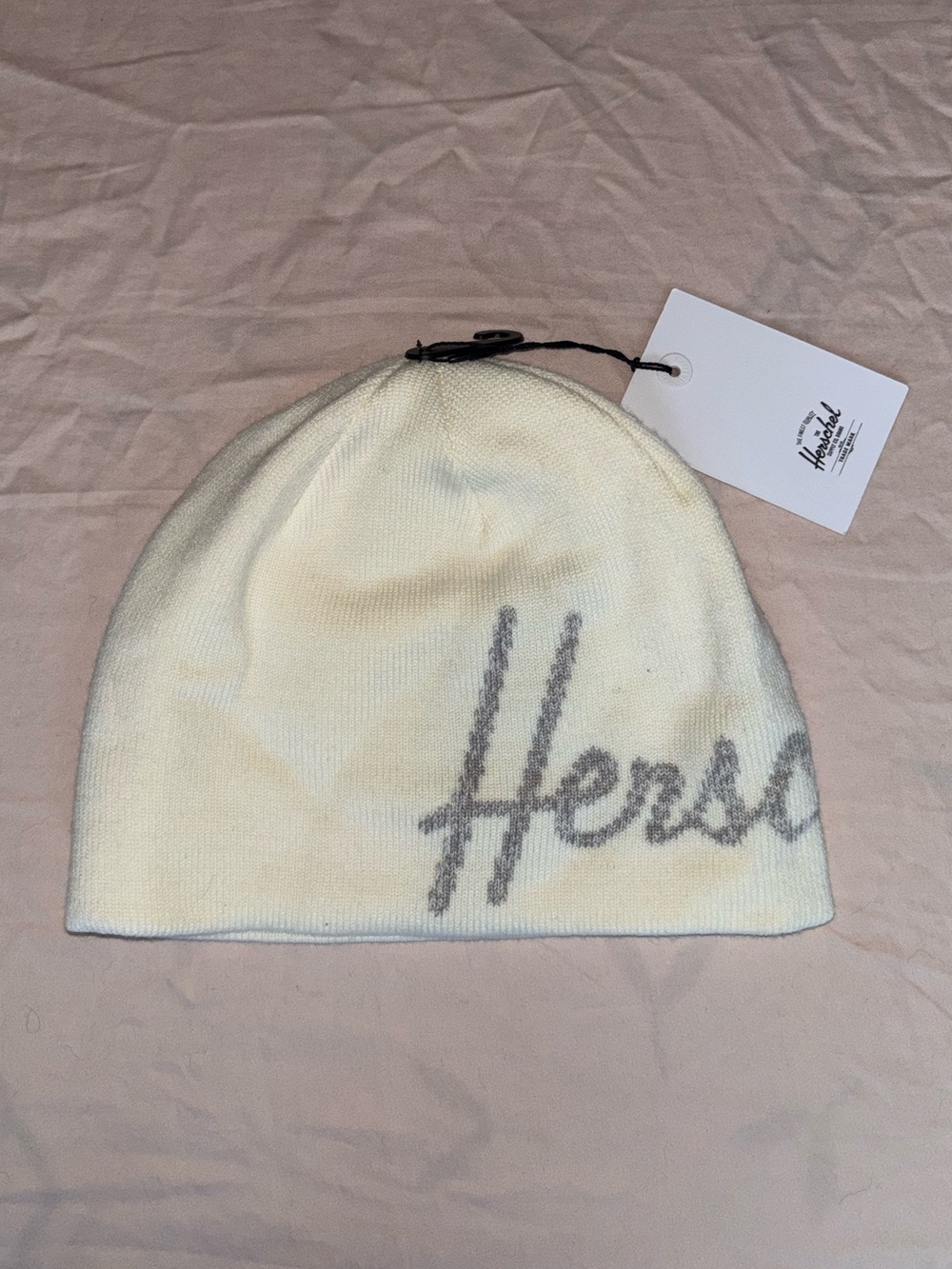 NWT Herschel Supply Company Skullcap Cream Knit Beanie with Gray Script Logo